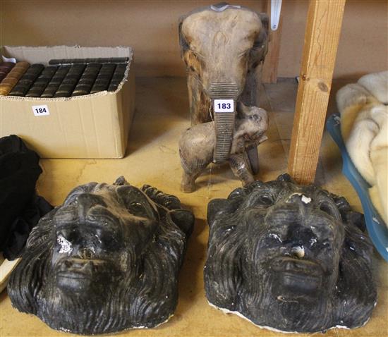 2 lions head fountain masks & elephant